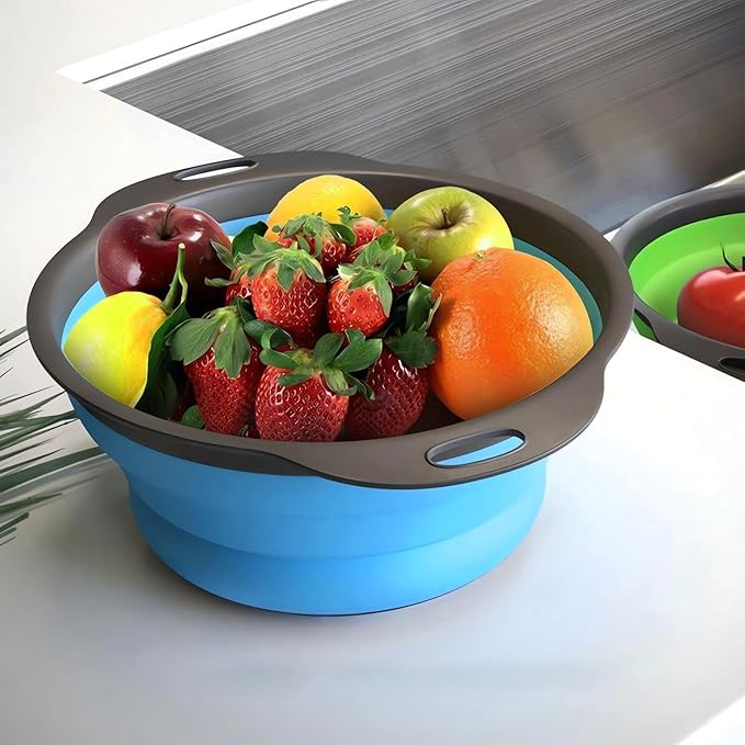 Collapsible Colander Set of 3, Space-Saving Foldable Strainer for Kitchen, 3 Sizes Food Strainer for Draining Pasta, Vegetable and Fruit, Kitchen Gadgets for Home Use and Outdoor Camping (Blue)