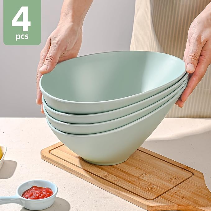 Bamboo Fiber Salad Bowls, 4 Packs Serving Bowls Blue Green, Compostable 33 Ounce Elegant Angled Bowls for Salad, Pasta, Soup, Prep, Ideal for Home and Restaurant(Blue Green, 9.5Inch)
