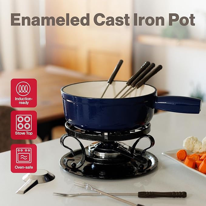Swissmar Lugano Cast Iron Cheese Fondue Set, 9-Piece, 2 QT / 2 L - Ideal for Melting Cheese, Chocolates, Caramel, & More - Perfect for Kitchen Collection & Gift Giving - Deep Blue