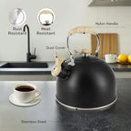 Lily's Home Whistling Tea Kettle, Teapot for Stovetop, Pleasant Whistle Sound, Heat Resistant Plastic Handle – Faux Wood Finish, Non Toxic Stove Kettle for Boiling Water - 2.5 Quarts (Black)