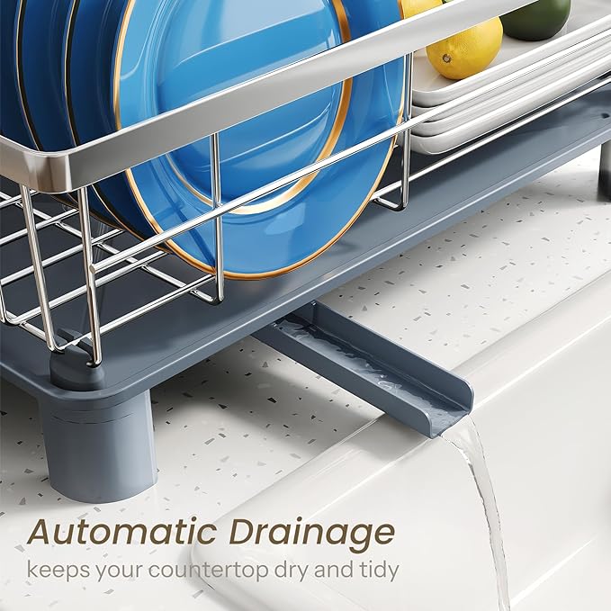 Dish Drying Rack - Small Dish Rack for Kitchen Counter, Stainless Steel Dish Drainer with Utensil Holder and Drainboard (Silver)