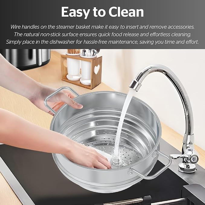 SUNHOUSE 5 Quart Stainless Steel Steamer Insert – Multi-Purpose Soup & Food Steamer with Stay-Cool Handles & Heavy-Duty Glass Lid – Fits Various Pot Sizes (8", 9", 9.5")