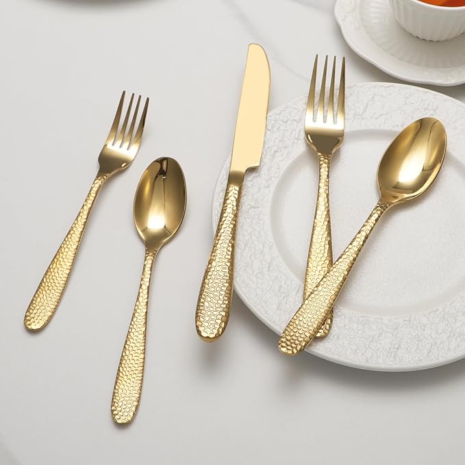 Gold Hammered Silverware Set, 20 Piece Stainless Steel Heavy Duty Flatware Set for 4, Food-Grade Tableware Cutlery Set for Home Restaurant, Mirror Polished, Dishwasher Safe