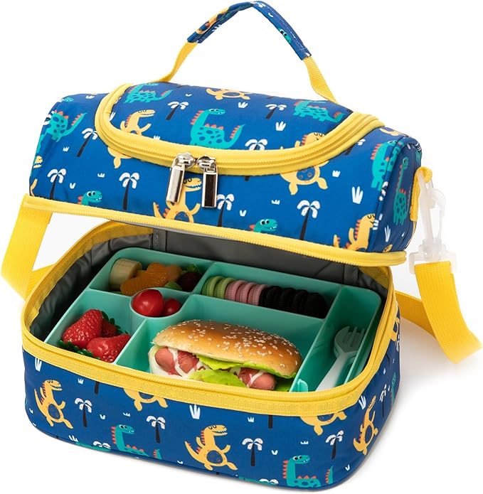 Insulated Kids Dual Compartment Lunch Bags Tote for Girls Boys Toddler Lunch Boxes Pre-School Toddler Kindergarten Picnic Camp Food Cooler Thermal with Strap (Z Yellow Dinos)