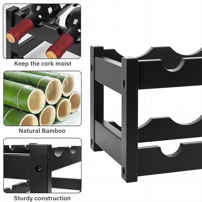 VASMIA Bamboo Wine Rack, 2-Tier Wine Racks Countertop Cabinet Wine Holder Wine Storage Shelf for Pantry Kitchen Bar Black