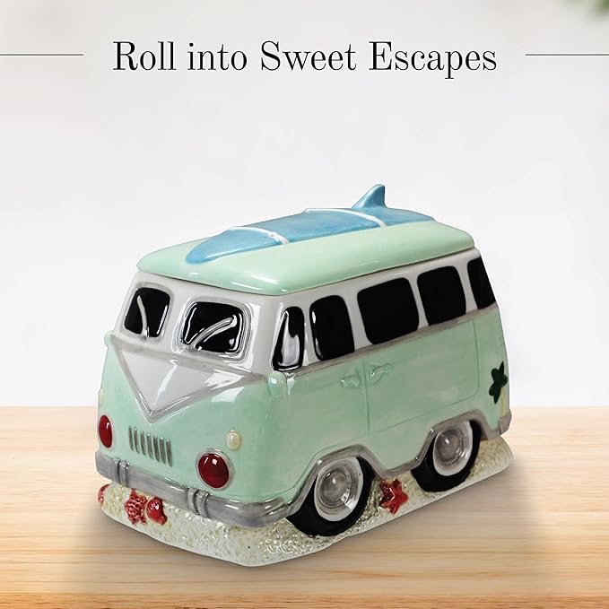 Young's Inc. Ceramic Cookie Jar - Cute Kitchen Counter Storage Canister with Lid - Perfect for Cookies, Coffee, Tea, Candy, Dog Treats, and More - Camper Van - Green, White, Blue