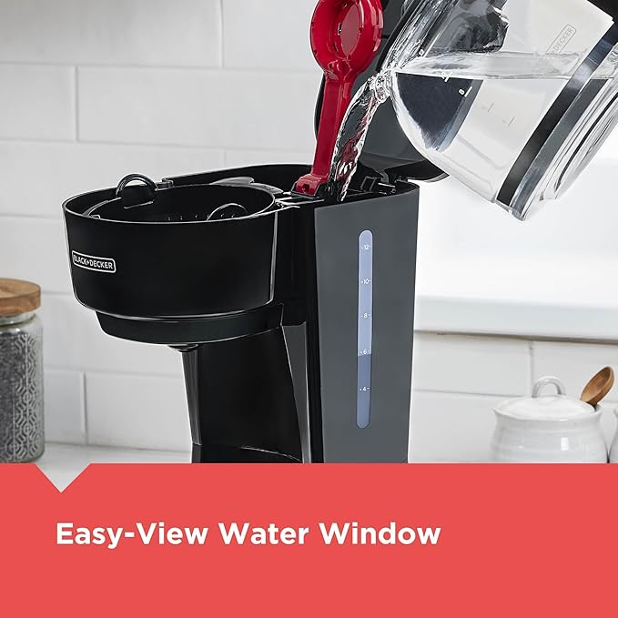 BLACK+DECKER 12-Cup Coffee Maker with Easy On/Off Switch, Easy Pour, Non-Drip Carafe with Removable Filter Basket, Vortex Technology, Black