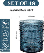 18PCS Hobnail Plastic Drinking Glasses - 14Oz Beaded Glasses Drinkware Set Disposable - Blue Vintage Plastic Bubble Glassware for Beer, Juice, Cocktail, Whiskey, Milk and Various Mixed Drinks