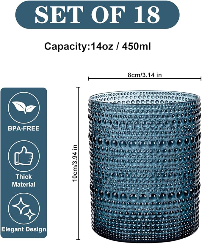 18PCS Hobnail Plastic Drinking Glasses - 14Oz Beaded Glasses Drinkware Set Disposable - Blue Vintage Plastic Bubble Glassware for Beer, Juice, Cocktail, Whiskey, Milk and Various Mixed Drinks