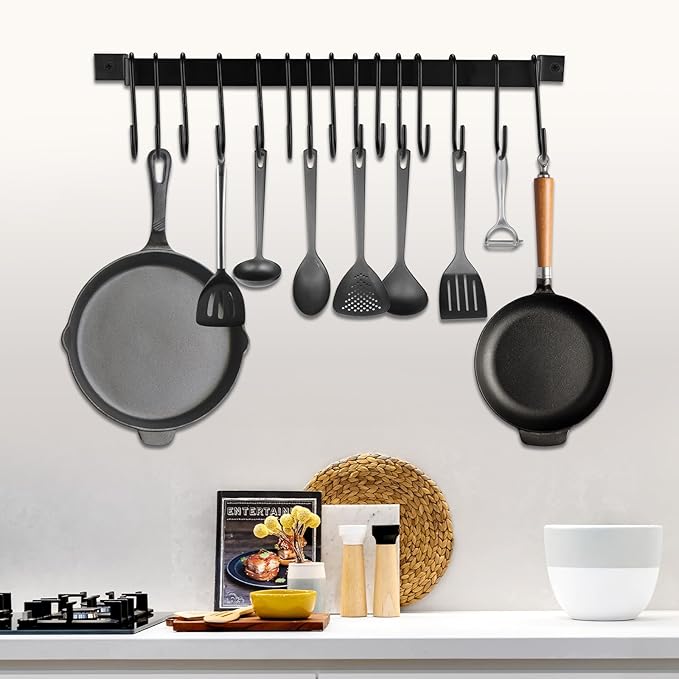 Kitchen Utensil Rack with 15 Hooks, 17 Inch Pots and Pans Hanging Rack Wall Mounted, Steel Cooking Utensil Hanger, 4 Pack