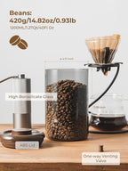 Coffee Canister for Ground Coffee 1200 ml, 14 Oz Borosilicate Air Tight Coffee Bean Container with Pop Lid, CO₂ Releasing Valve for Grounds Coffee, Anti-UV