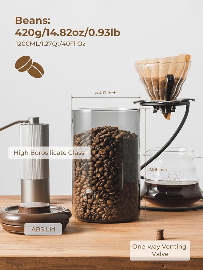 Coffee Canister for Ground Coffee 1200 ml, 14 Oz Borosilicate Air Tight Coffee Bean Container with Pop Lid, CO₂ Releasing Valve for Grounds Coffee, Anti-UV