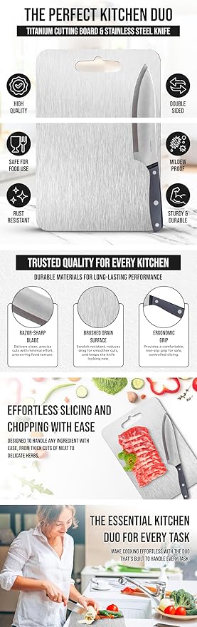 Titanium Cutting Boards and Stainless Steel Knifes for Kitchen, Upgrade Double Sided Food-Grade Titanium Board and Knife set for Meats, Fruits, & Vegetables.