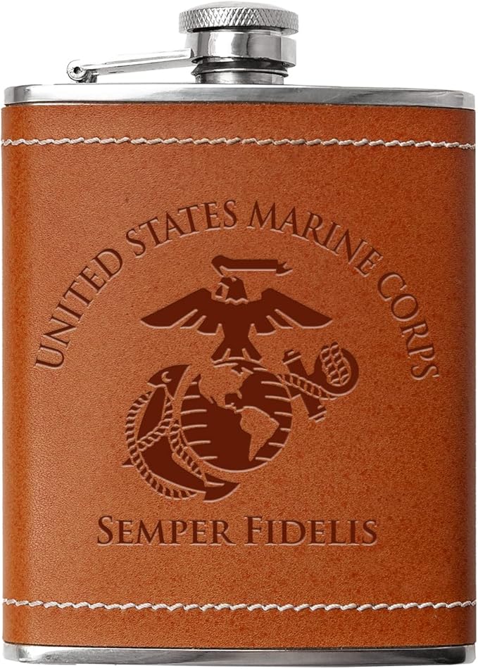 Leather USMC 8 oz Flask | Stainless Steel | USMC Leather Flask