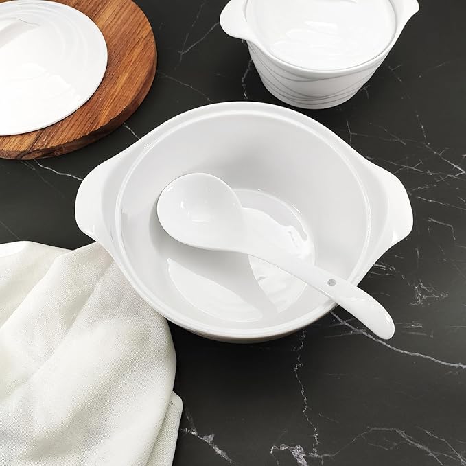 Casserole Dish 31.8 ounce French White Ceramic Bakeware Set with Lids, Chip and Crack Resistant Stoneware Baking Dish, Microwave, Dishwasher, Oven, Freezer and Fridge Safe (8.7 Inch)