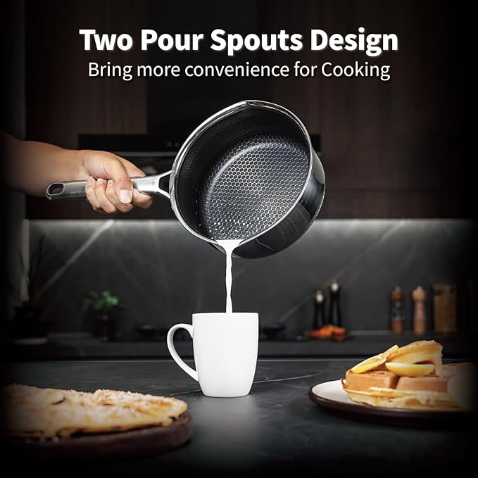 Hybrid Nonstick 3 QT Saucepan with Lid, Stainless Steel Honeycomb Pot with Two Pour Spouts,Compatible with All Cooktops,Dishwasher and Oven Safe