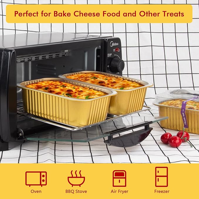 LNYZQUS 50 Pack 30oz Small Foil Pans with Lids, 7” x 5” Individual Baking Tins Deep Leftover Containers,Aluminum To Go Baked Food Containers Large Loaf Cake Pans Take Out Holders-Gold