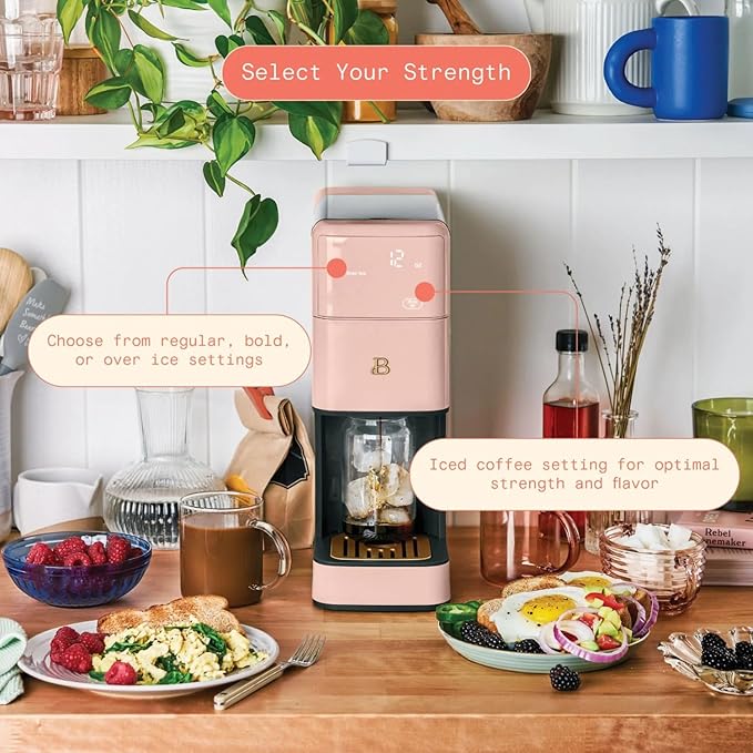 Beautiful Perfect Grind Programmable Single Serve Coffee Maker with Touch-activated Display, Programmable and Integrated Burr Grinder, 64oz Water Reservoir (Rose)