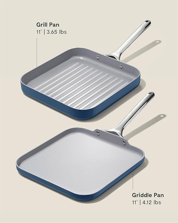 Caraway Griddle Pan & Grill Pan Duo - Non-Stick Ceramic Coated - Non Toxic, PTFE & PFOA Free - Oven Safe & Compatible with All Stovetops – Navy