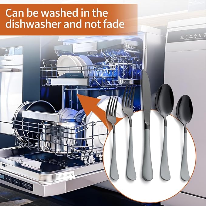 20 Piece Black gray 18/0 Flatware Utensil Set for 4, Include Dinner Knife,Dinner Forks,Dinner Spoons,Salad Forks,Teaspoons,Silverware Set for 4, Dishwasher Safe