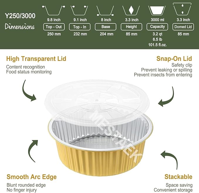 10" Aluminum Foil Pans + Snap-On Lids (20 Packs) | 2X Thicker Heavy Duty 3.3" Deep Disposable Reusable Tins