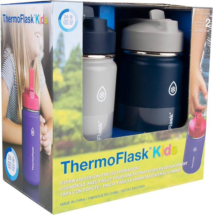 ThermoFlask Kids Bottle with Straw Lid - Durable & Dishwasher-Safe Water Bottles & Lids - Leak-Proof Bottle Lid Design - Reusable Water Bottles for Everyday Use - 14 oz, Harbor Grey/Denim (2 Pack)