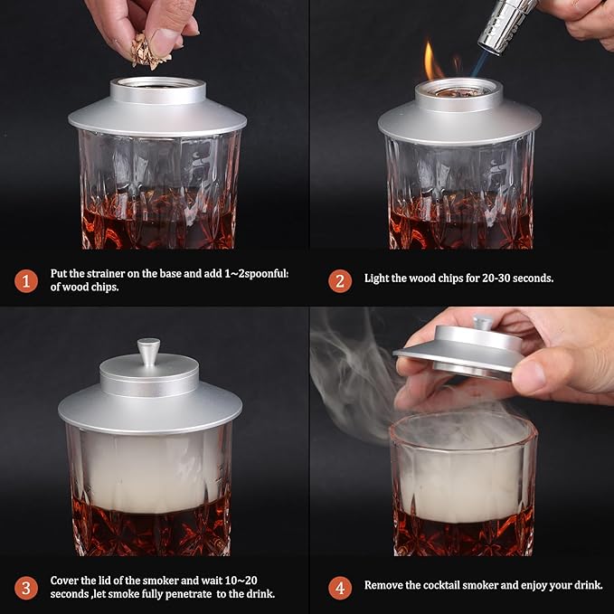 Cocktail Smoker Kit AOKE Metallic Whiskey Smoker Kit with 4 Flavors Wood Chips for Whiskey and Bourbon Old Fashioned Smoker Kit for Enhancing Drink Flavors Whiskey Gifts for Men Father's Day