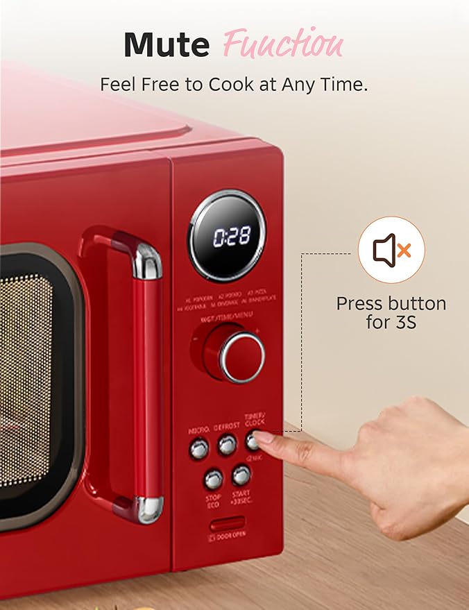 COMFEE Retro Ovens, Small 9 Preset Programs, 0.9 cu.ft Countertop Compact Microwaves with Multi-Stage Cooking, Mute Function, LED Digital, Red/900W, CMO-MMP02AA(RD), Red