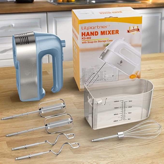 Hand Mixer Electric, 450W Kitchen Mixers with Scale Cup Storage Case, Turbo Boost/Self-Control Speed + 5 Speed + Eject Button + 5 Stainless Steel Accessories, For Easy Whipping Dough,Cream,Cake