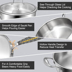 EWFEN 12 Inch Tri-Ply Stainless Steel Frying Pan, 5-Quart Deep Saute Pan with lids, PFOA&PTFE Free Skillet, Induction Cooking Pan, Dishwasher&Oven Safe,Works on All Cooktops