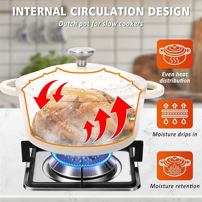 Hisencn Enameled Cast Iron Cookware Set - 7 Piece Dutch Ovens Set, Sauce Pan, Skillet, 3 Lids, Pots and Pans Set, Ceramic Coated Cast Iron, Heavy Duty, Gas/Induction Compatible, PFA Free