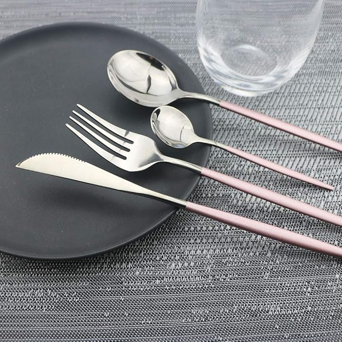 Pink Silver Silverware Set, JASHII 20-Piece Stainless Steel Satin Finish Flatware Set, Kitchen Utensil Set, Mirror Polished Tableware Cutlery Set for Home and Restaurant, Dishwasher Safe