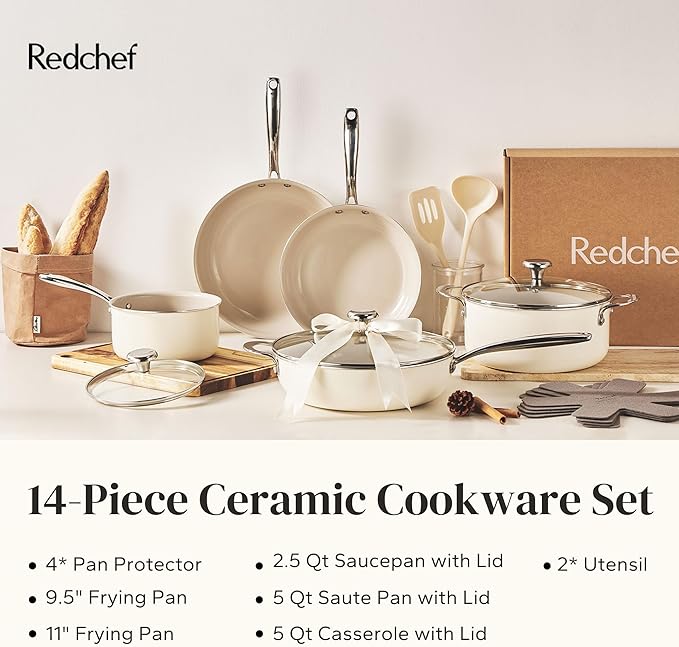 Redchef Ceramic Nonstick Cookware Set,14pcs Pots and Pans Set Non Stick,Induction Cookware with Stainless Steel Handle,Non Toxic Kitchen Cooking Set,Dishwasher & Oven Safe,PFAS PFOA & PTFE Free