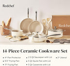 Redchef Ceramic Nonstick Cookware Set,14pcs Pots and Pans Set Non Stick,Induction Cookware with Stainless Steel Handle,Non Toxic Kitchen Cooking Set,Dishwasher & Oven Safe,PFAS PFOA & PTFE Free