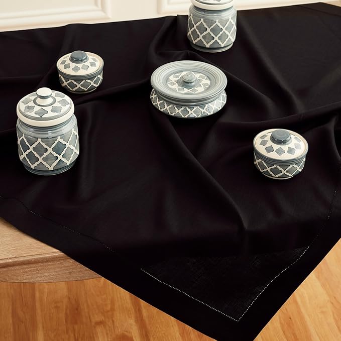 Solino Home Black Linen Tablecloth 52 x 52 Inch - 100% Pure Linen Square Table Throw - Classic Hemstitch, Machine Washable Table Cloth for Summer, Fall, Autumn, Halloween
