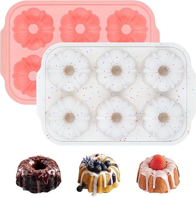 Mini Fluted Tube Cake Pans for Baking with Metal Reinforced Frame, 2Pcs Silicone 6-Cavity Mini Flan Molds, Nonstick Baking Mold for Cupcake, Brownie, Donuts, Cornbread, Jello
