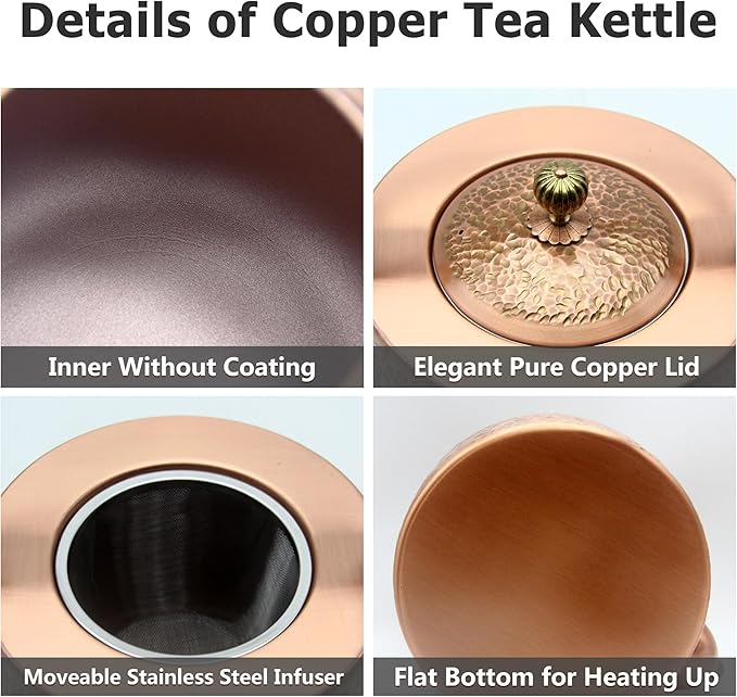 67.6oz Copper Teapot, Tea Kettle For Stovetop Safe, Classic Non-Coating Pure Copper Tea Set with Stainless Steel Tea Ball For Loose Leaf, Large and Solid Tea Pot For 4-6 Cups (2000ml)