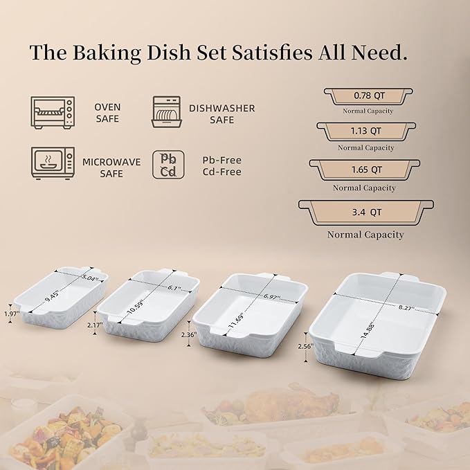 Casserole Dishes for Oven, Baking Dishes, Ceramic Bakeware Sets of 4, Rectangular Baking Pan Set with Handles for Baking, Casserole, Kitchen, Wedding Gift,White
