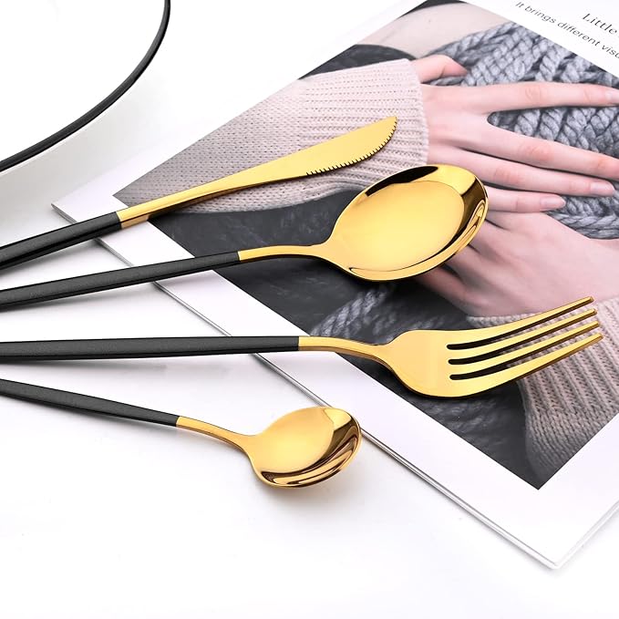 Black Gold 24Pcs Flatware Set With Stand, Lightweight Dinnerware Set Stainless Steel Cutlery With Black handles For Home Kitchen Wedding Party And Daily Use,Service For 6, Mirror Polish