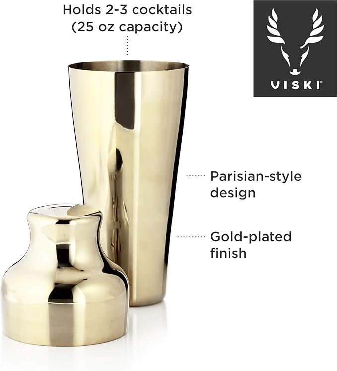 Viski Parisian Cocktail Shaker for Cold Brew Cocktails, Margarita, Espresso Martini, Contoured High Shine Polished Stainless Steel Martini Shaker, Home Bar, Bartender Gifts, 25 oz, Set of 1, Gold