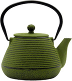 20.3oz Small Cast Iron Teapot, SECHUDO Cast Iron Tea Kettle for Stovetop Safe Coated with Enameled Interior, Iron Tea Pot with Stainless Steel Infuser for Loose Tea (Green Pinstripe Pattern)
