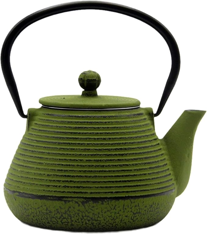 20.3oz Small Cast Iron Teapot, SECHUDO Cast Iron Tea Kettle for Stovetop Safe Coated with Enameled Interior, Iron Tea Pot with Stainless Steel Infuser for Loose Tea (Green Pinstripe Pattern)