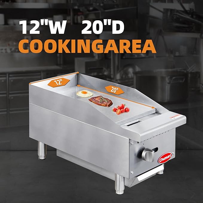 12" Commercial Countertop Griddle, Single Burners Gas Griddle, 30000 BTU Output, Stainless Steel Flat Top Grill Hot Plate with Natural Gas and Propane Conversion Kit for Restaurant, Food Truck