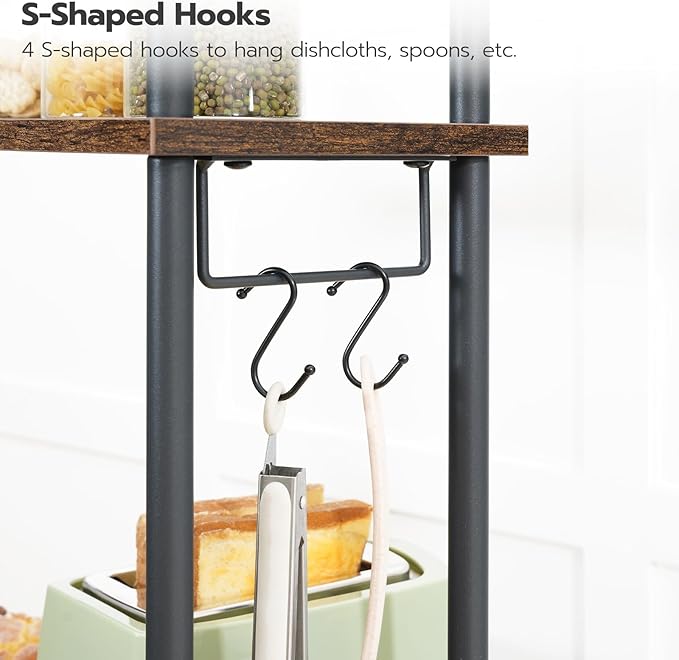 HOOBRO Kitchen Bakers Rack with Power Outlets, 5-Tier Microwave Stand, Coffee Bar with S-Shaped Hooks, Kitchen Storage Shelf Rack for Living Room, Dining Room, Rustic Brown and Black BF80UHB01