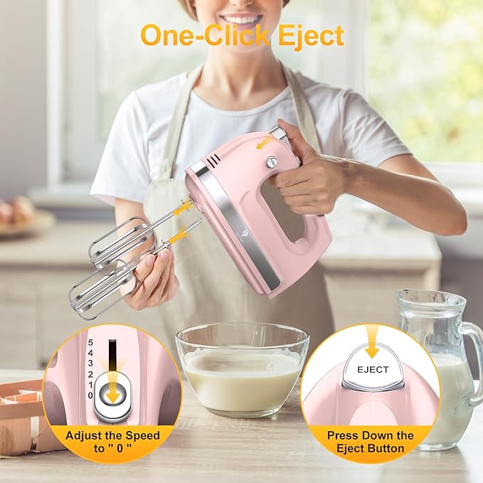 Hand Mixer Electric, 400W Food Mixer 5 Speeds Handheld Blender, 5 Stainless Steel Accessories, Storage Box, Kitchen Blender with Cord for Cream, Cookies, Dishwasher Safe, Pink