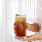 Vintage Ribbed Glassware Set, 16oz Drinking Glasses, Origami Style Set of 4, Fluted Design, Ideal for Water, Iced Coffee, Juice, Beer, Milk, Gift (16oz)