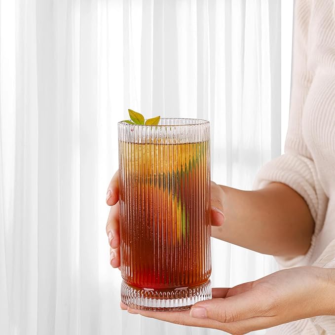 Vintage Ribbed Glassware Set, 16oz Drinking Glasses, Origami Style Set of 4, Fluted Design, Ideal for Water, Iced Coffee, Juice, Beer, Milk, Gift (16oz)