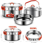 304 Stainless Steel Camping Cookware Set - Mess Kit with Pots, Pans, Kettle, Plates, Forks, Knives, Spoons for 2 People, Perfect for Camping, Picnic, RVs