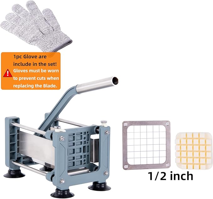 Rismonar French Fry Cutter Stainless Steel Potato Slicer With 1/2in 1/4in 3/8in Blade for Carrots Cucumbers Vegetables (Green, Machine + 1/2)