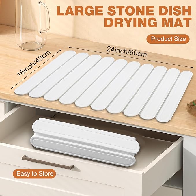 Stone Drying Mat for Kitchen Counter, Large Stone Dish Drying Mat Foldable Diatomaceous Earth Water Absorbing Mat for Dishes Bottles Cups Match Any Countertop White 24" x 16"